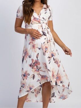 PinkBlush Ivory Watercolor Floral Hi-Low Maternity Wrap Dress Made in USA